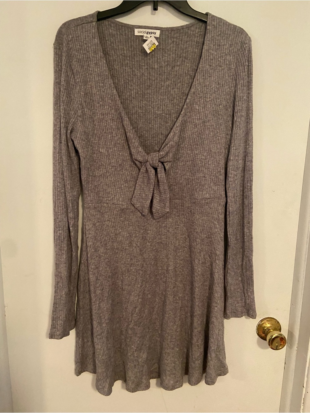 Gray Long-Sleeve Tie-Front Ribbed Dress